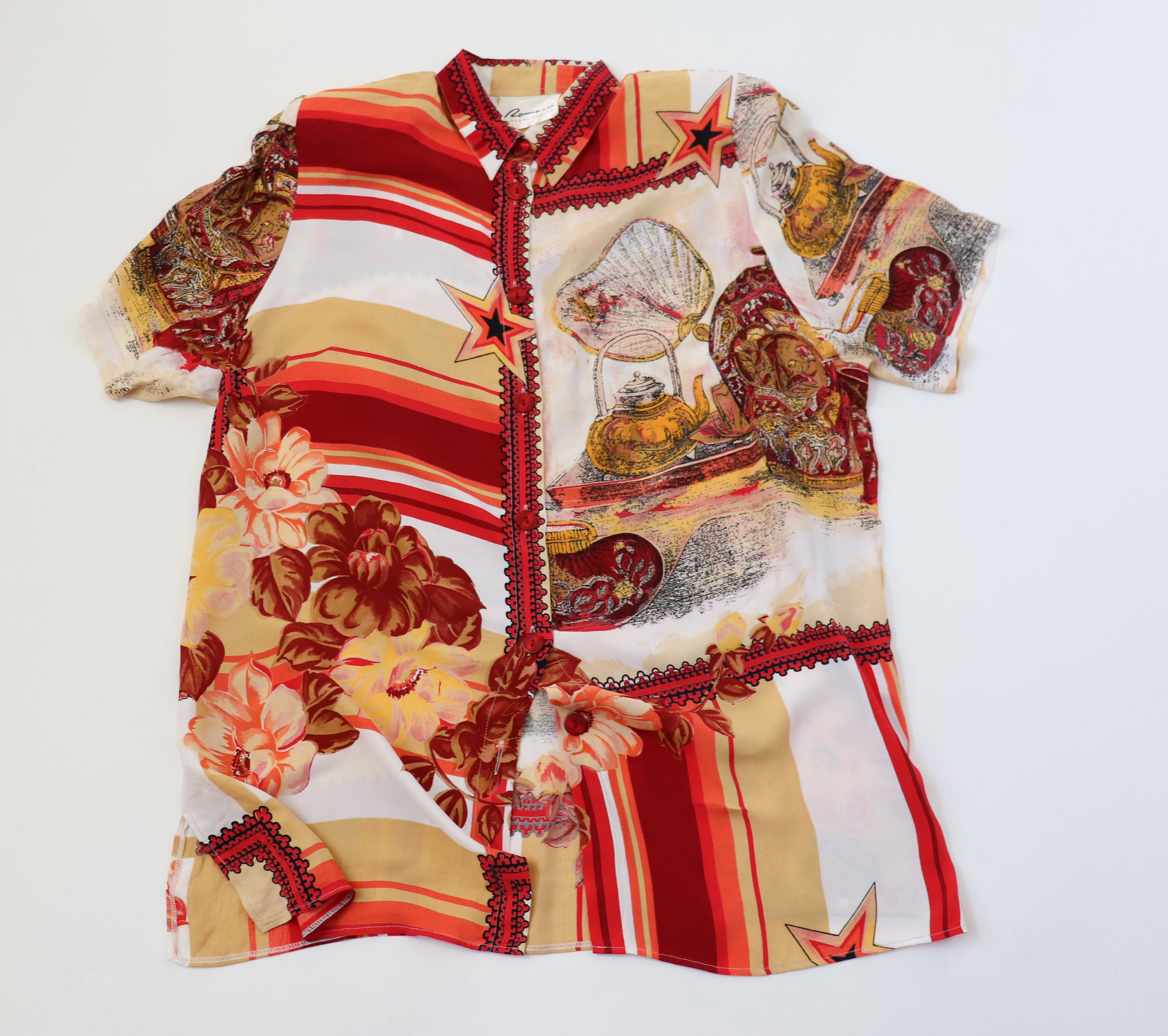 Scarf Print Tunic Shirt - Vintage 1990s - Orange - Oversized M/ L - UK 12 / 14