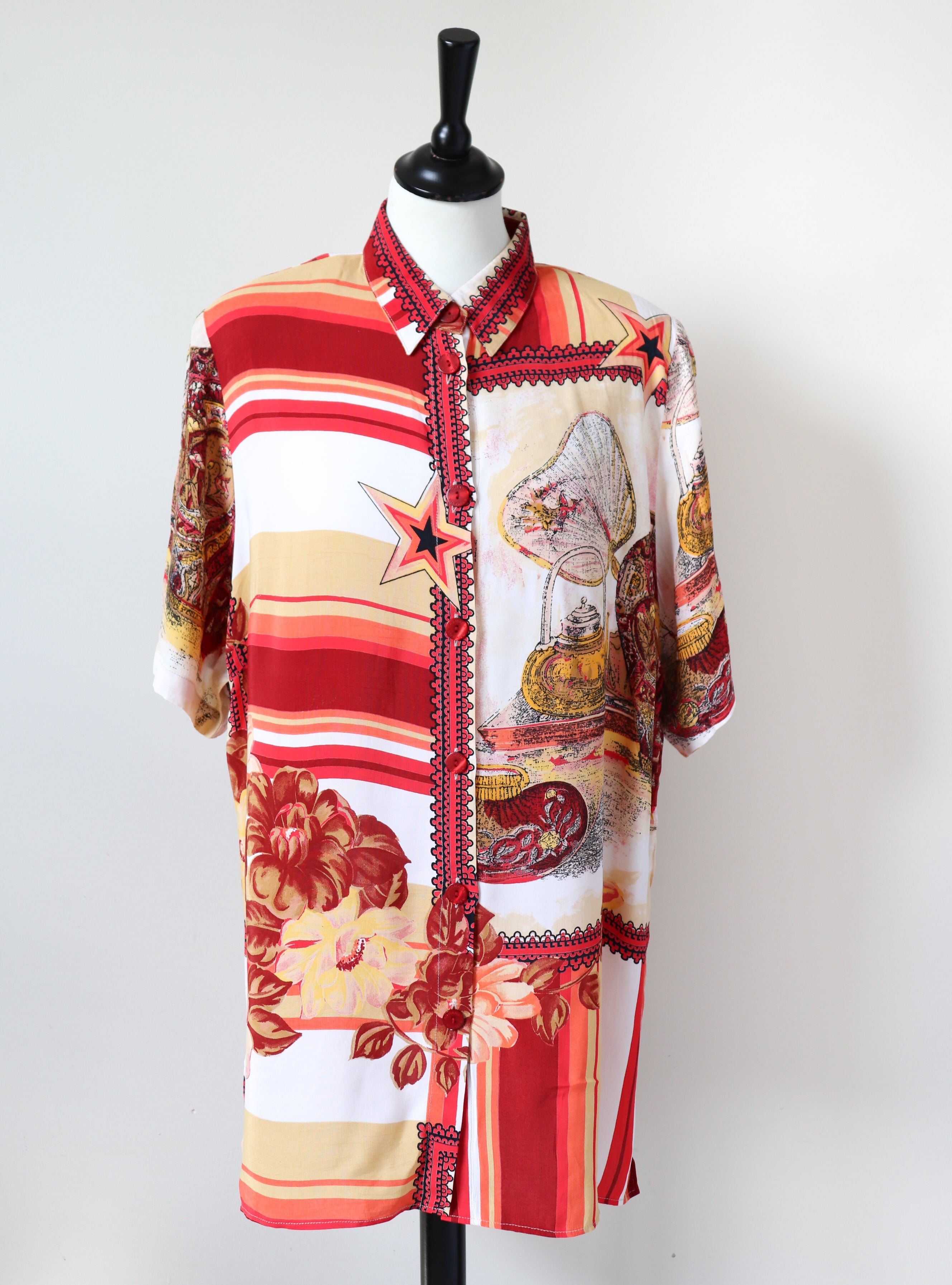 Scarf Print Tunic Shirt - Vintage 1990s - Orange - Oversized M/ L - UK 12 / 14