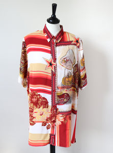 Scarf Print Tunic Shirt - Vintage 1990s - Orange - Oversized M/ L - UK 12 / 14