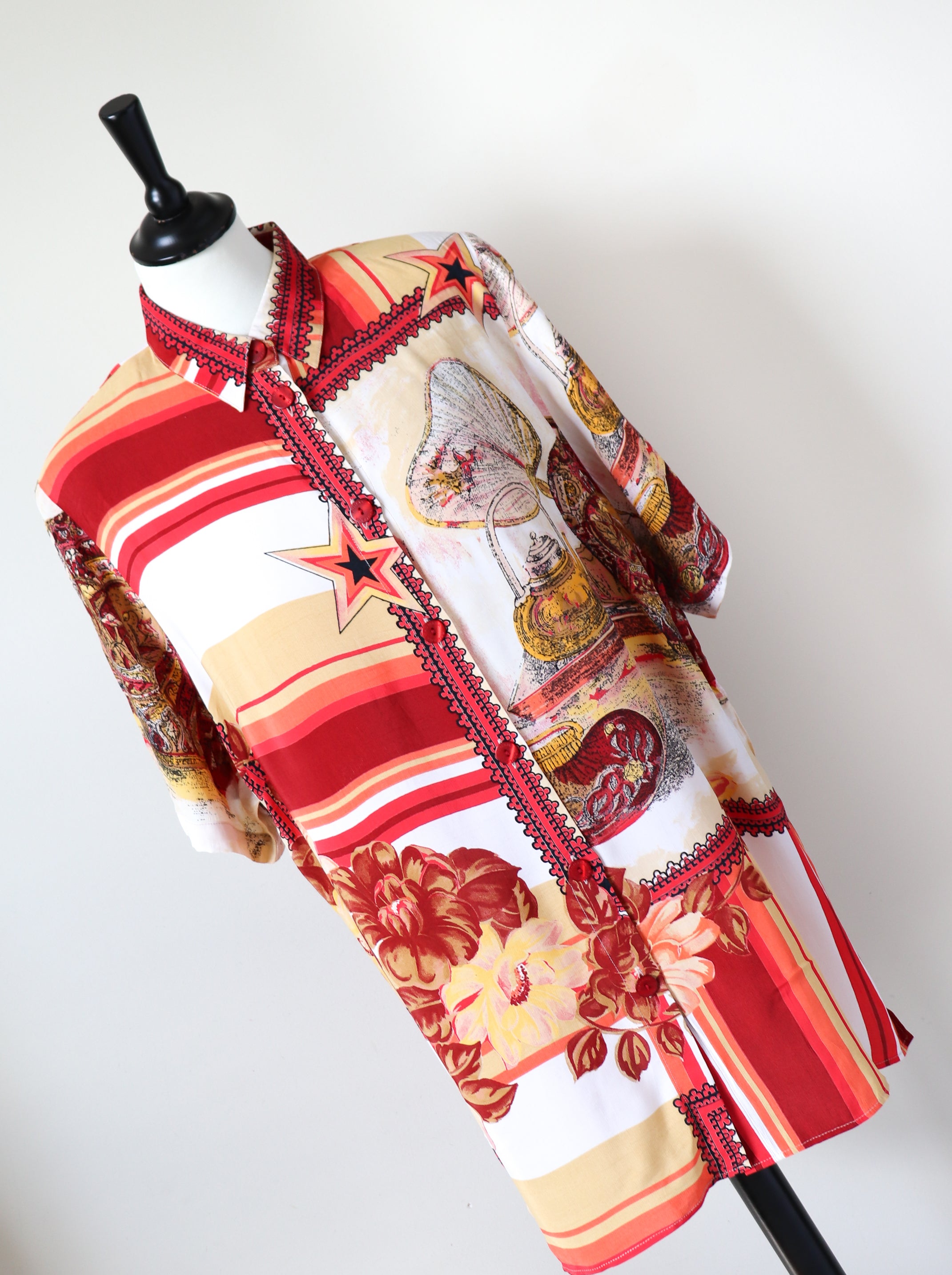 Scarf Print Tunic Shirt - Vintage 1990s - Orange - Oversized M/ L - UK 12 / 14
