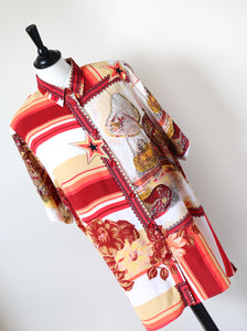 Scarf Print Tunic Shirt - Vintage 1990s - Orange - Oversized M/ L - UK 12 / 14