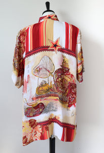 Scarf Print Tunic Shirt - Vintage 1990s - Orange - Oversized M/ L - UK 12 / 14