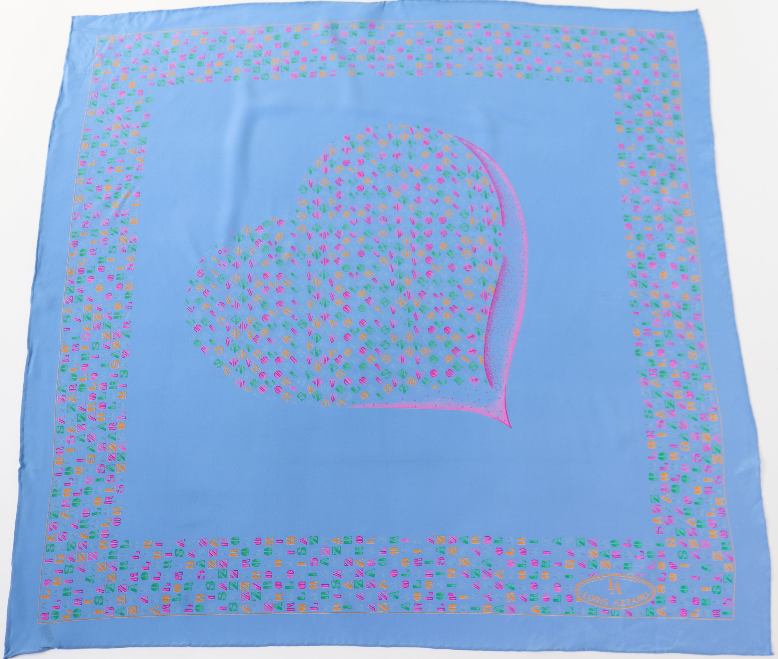 Loris Azzaro Silk Scarf  - Blue - Heart / Logo Print - LARGE