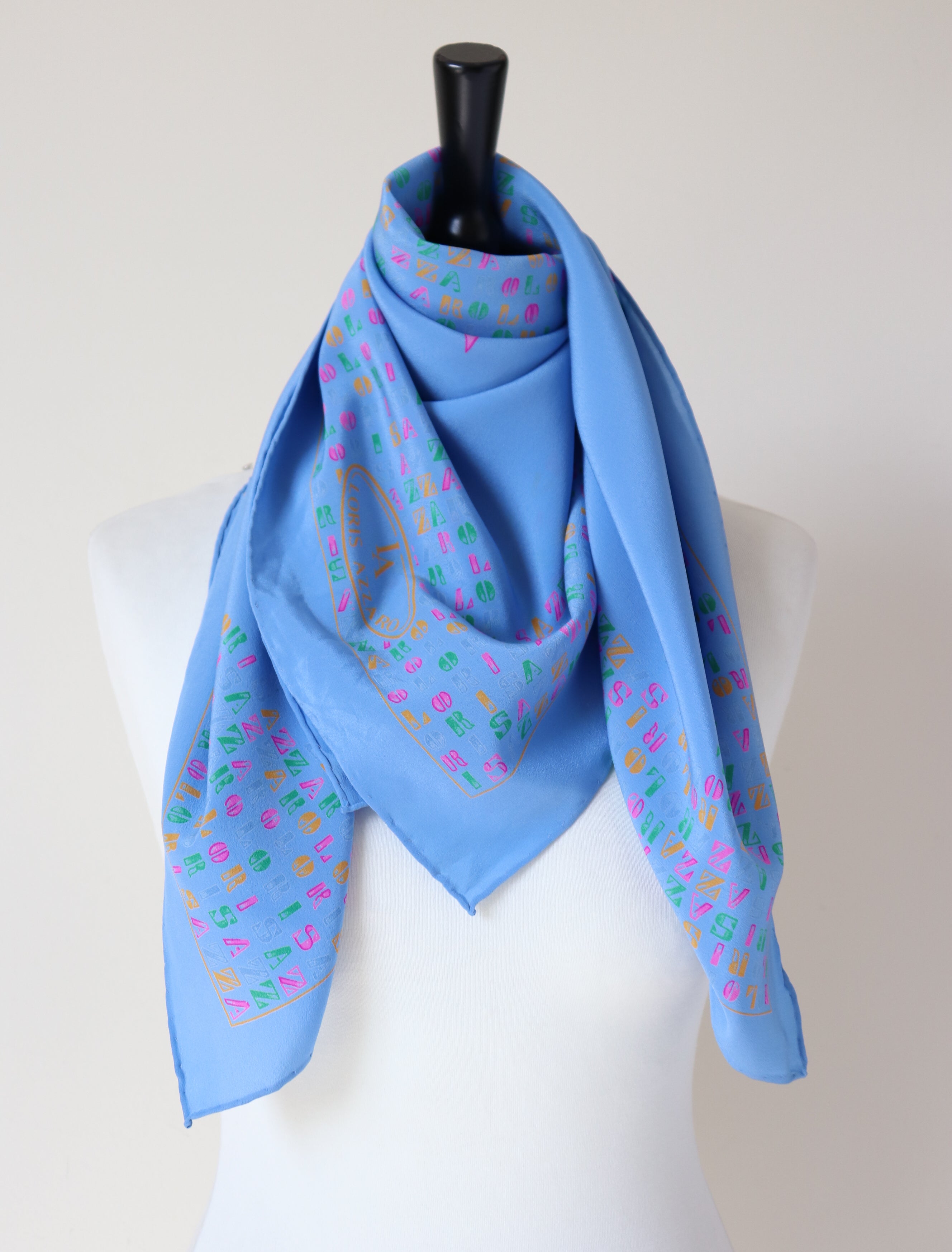 Loris Azzaro Silk Scarf  - Blue - Heart / Logo Print - LARGE