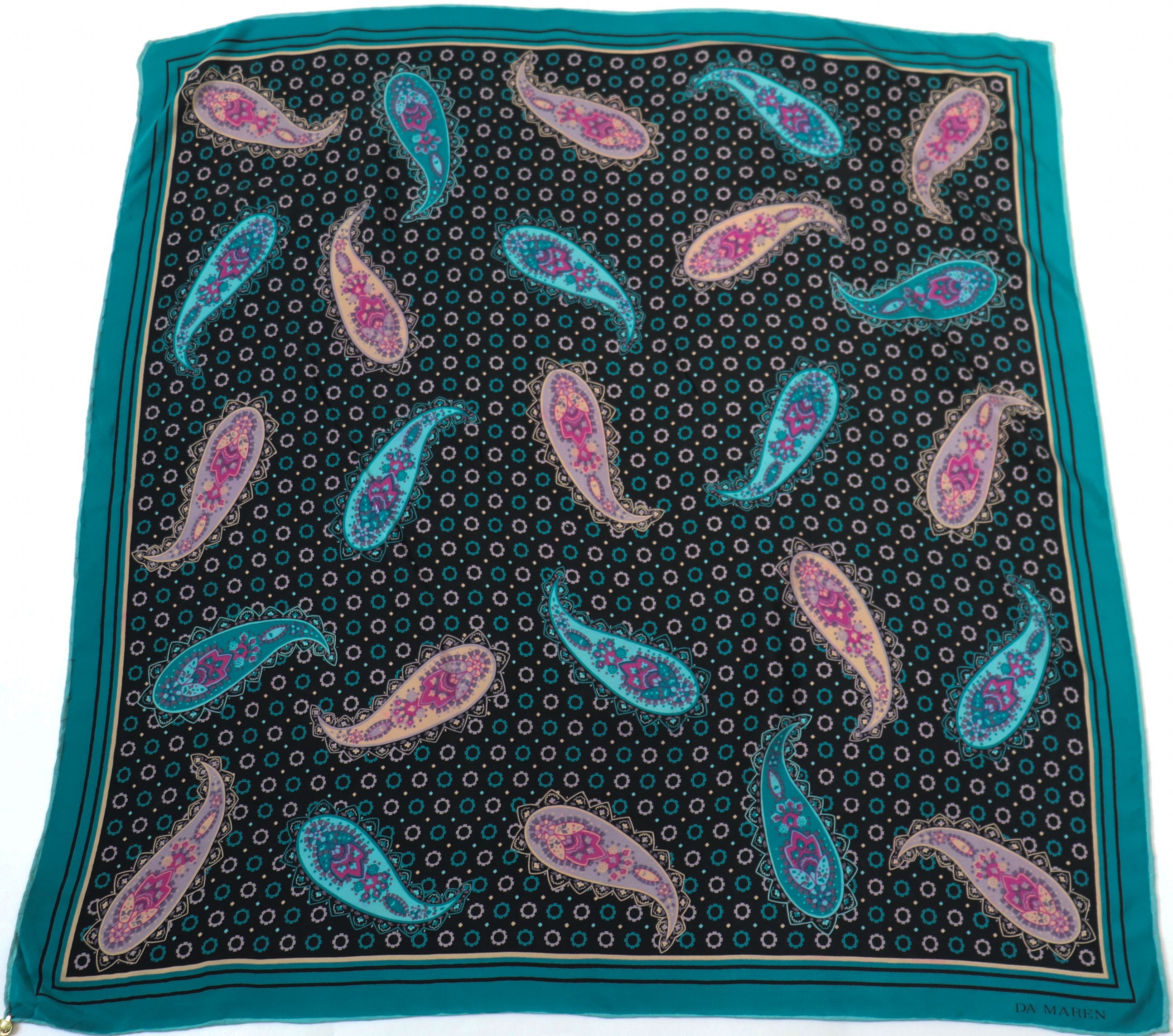 Da Maren Vintage Silk Scarf  - 1980s Paisley Print - Black  / Blue / Pink - LARGE