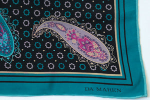 Da Maren Vintage Silk Scarf  - 1980s Paisley Print - Black  / Blue / Pink - LARGE