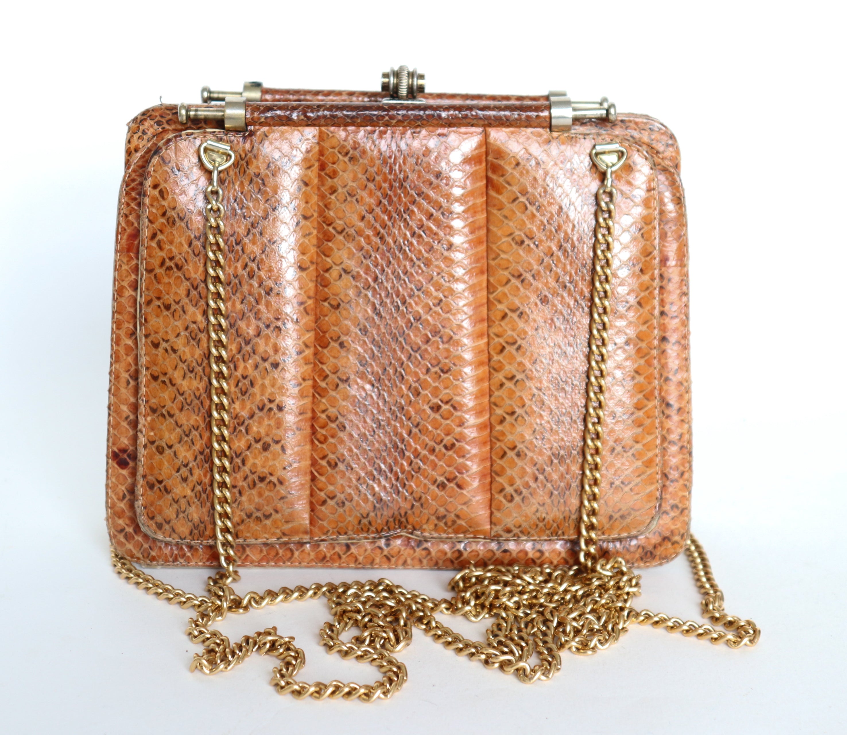 Unusual Vintage Snakeskin Crossbody Bag - Chain Strap - Vintage 1980s - Tan Brown - Small