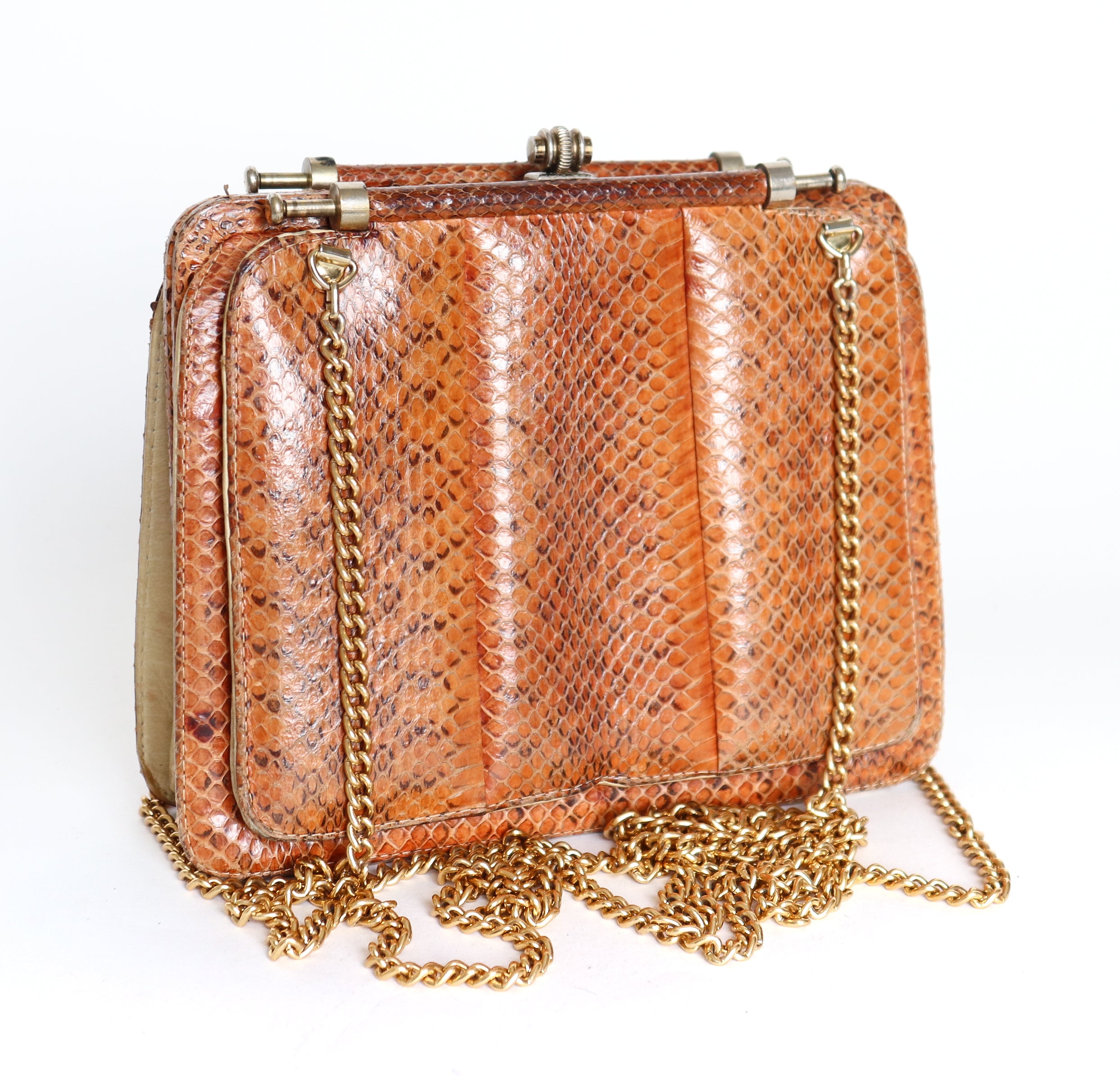 Unusual Vintage Snakeskin Crossbody Bag - Chain Strap - Vintage 1980s - Tan Brown - Small