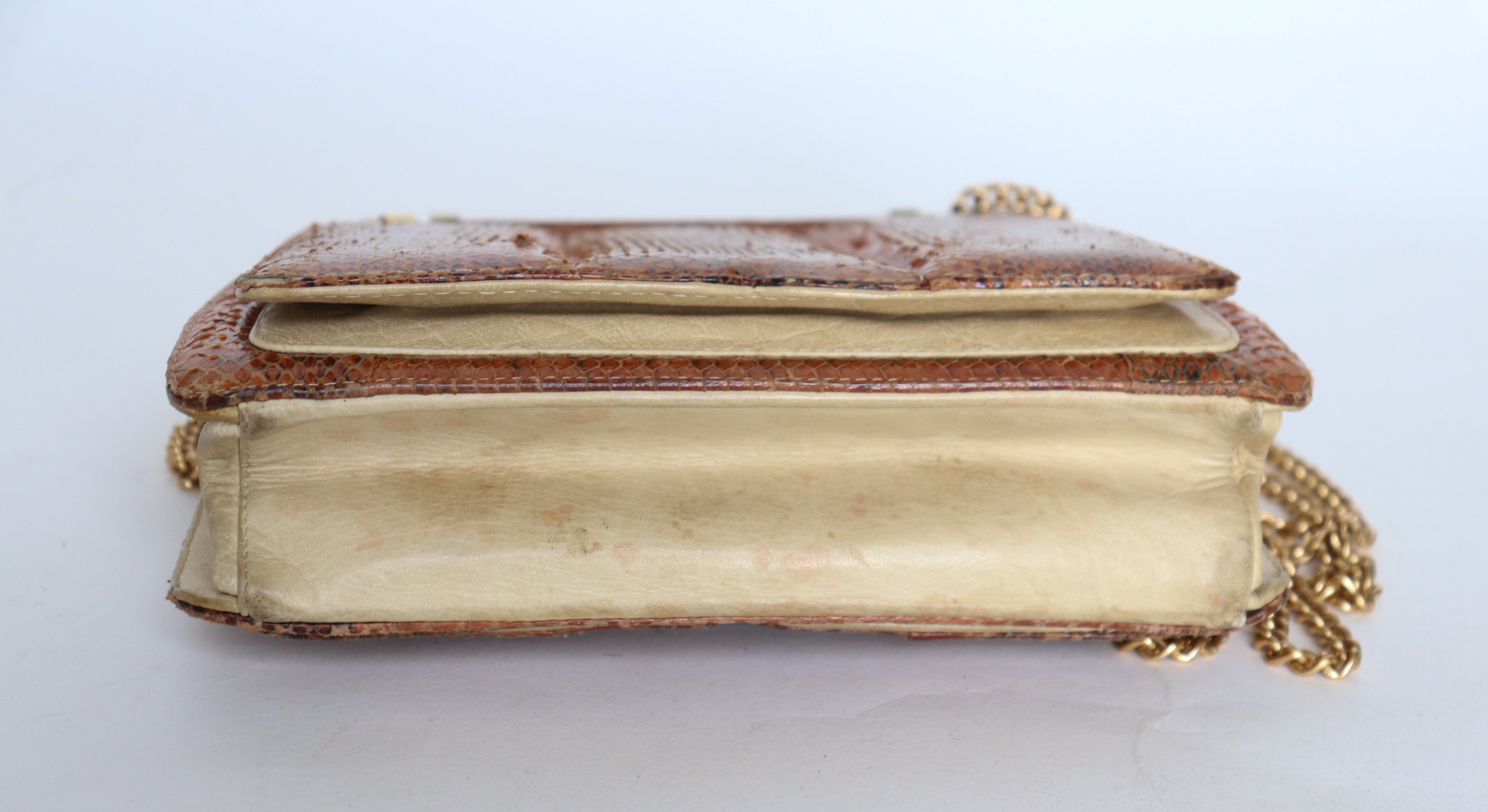 Unusual Vintage Snakeskin Crossbody Bag - Chain Strap - Vintage 1980s - Tan Brown - Small