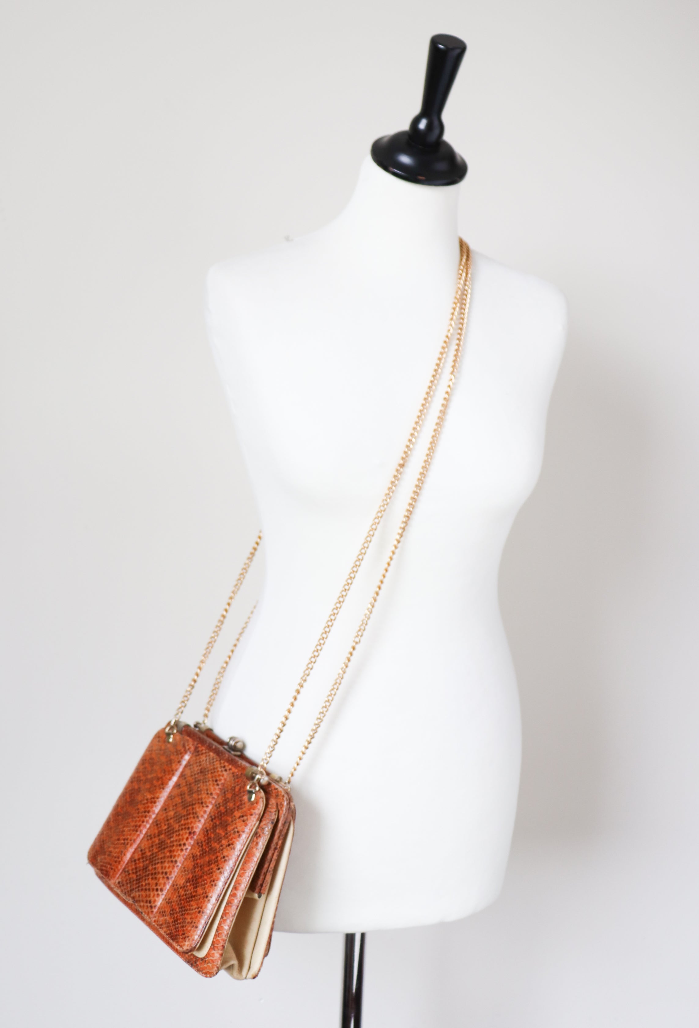 Unusual Vintage Snakeskin Crossbody Bag - Chain Strap - Vintage 1980s - Tan Brown - Small