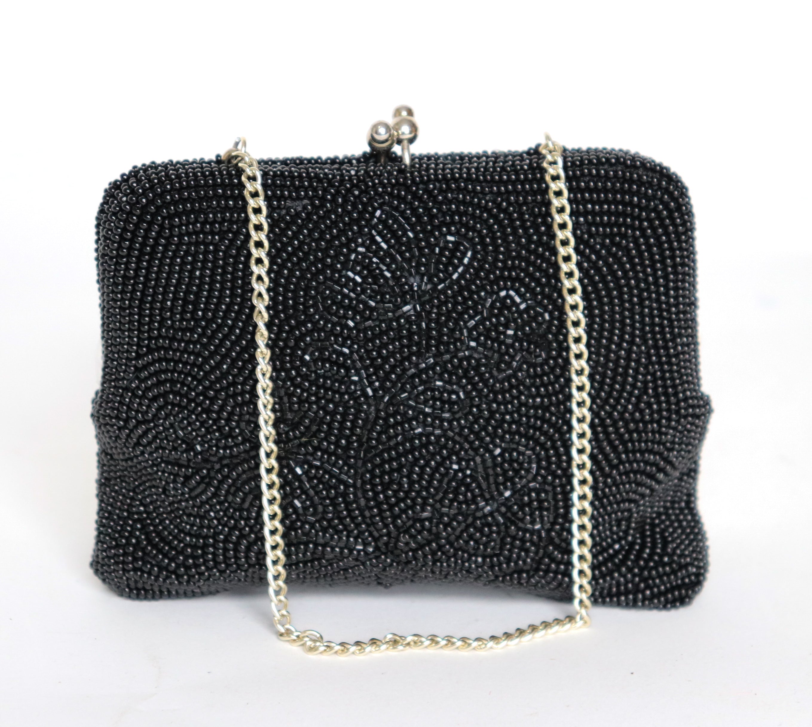 Vintage Black Beaded Purse - Chain Strap - 1980s - Micro / XS