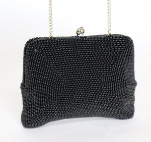 Vintage Black Beaded Purse - Chain Strap - 1980s - Micro / XS