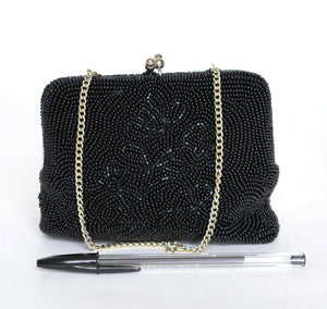 Vintage Black Beaded Purse - Chain Strap - 1980s - Micro / XS