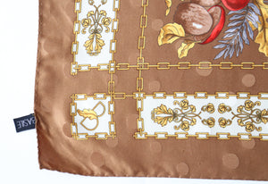 Basile Vintage Silk Scarf - Brown - Autumn Fruits / Porcini - Baroque Style - Large