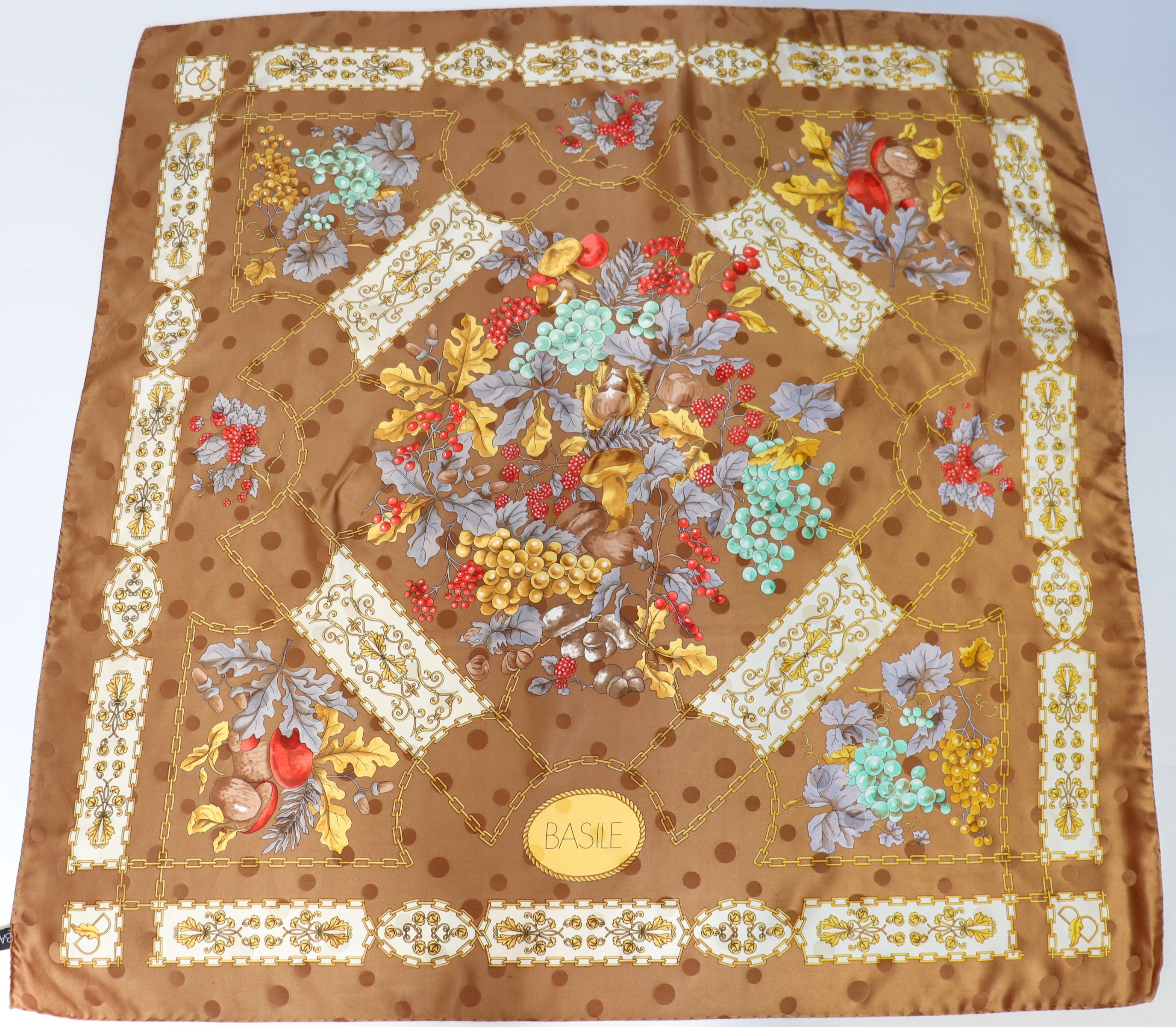 Basile Vintage Silk Scarf - Brown - Autumn Fruits / Porcini - Baroque Style - Large