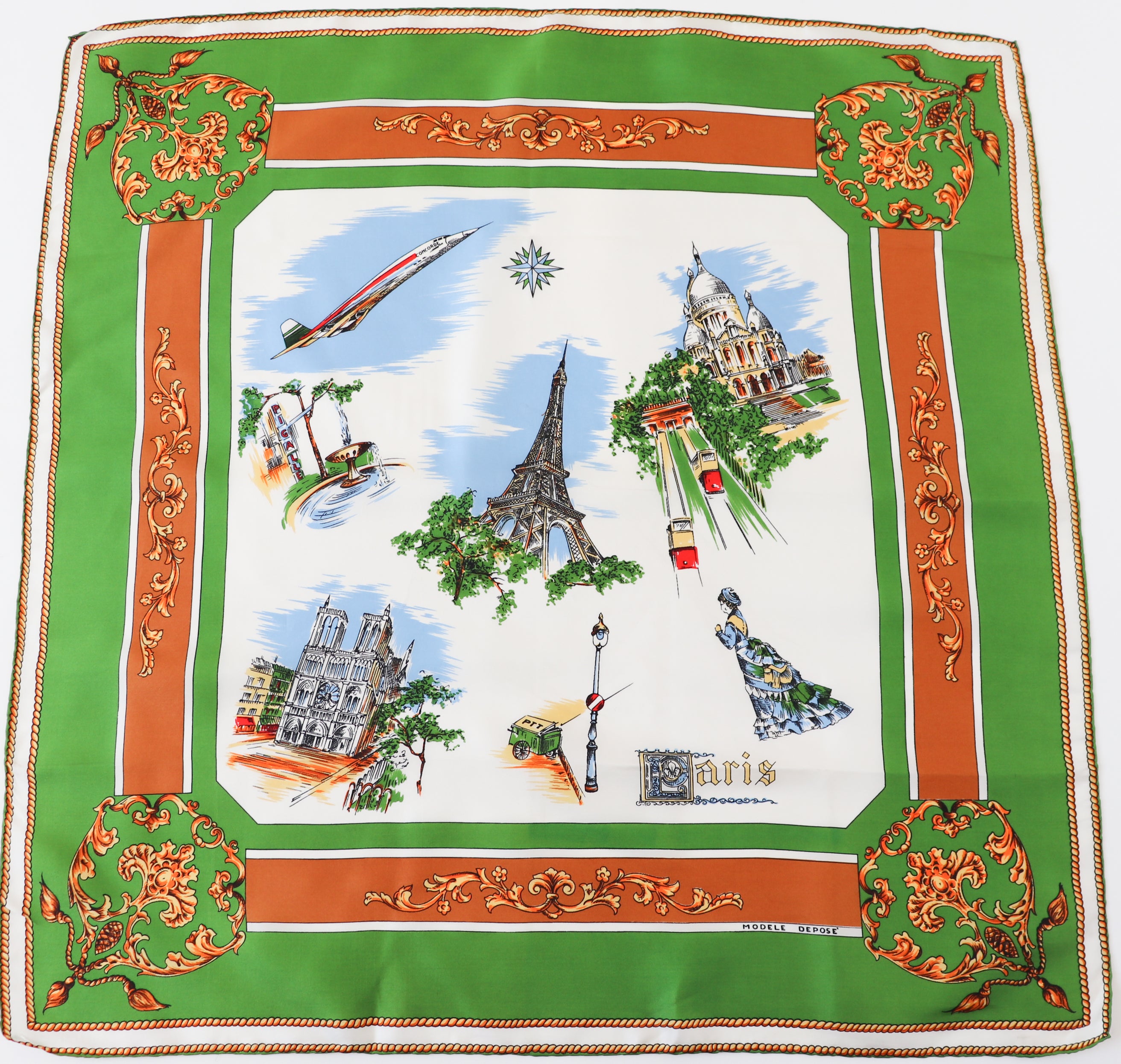 1960s Paris Souvenir Silk Scarf  - Concorde / Tour Eiffel  - Medium