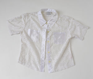 Vintage Lace Cropped Shirt - Short Sleeves - White - XS / S - UK 8 / 10