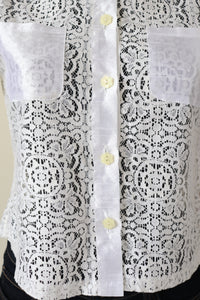 Vintage Lace Cropped Shirt - Short Sleeves - White - XS / S - UK 8 / 10