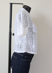 Vintage Lace Cropped Shirt - Short Sleeves - White - XS / S - UK 8 / 10