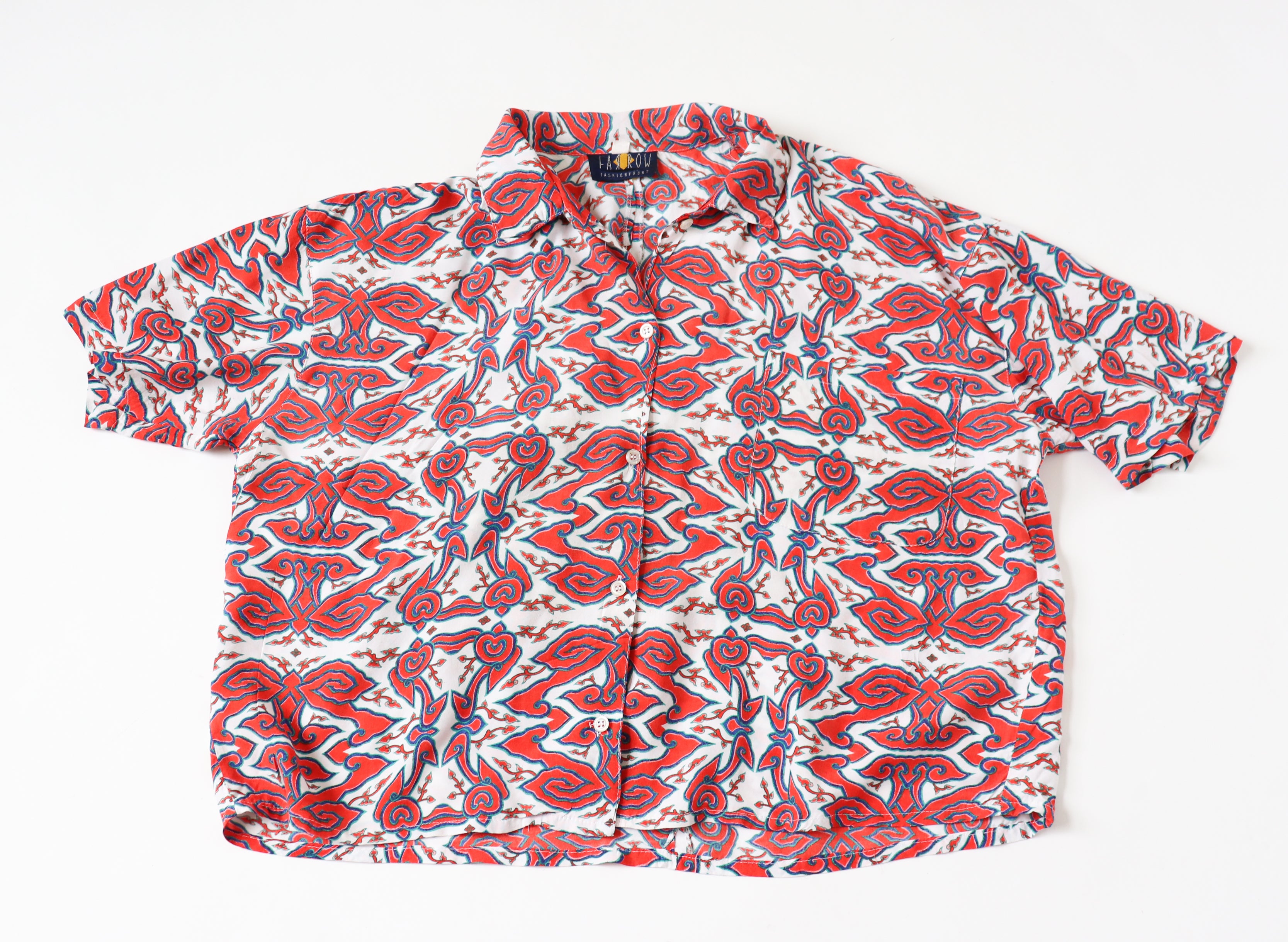 Farrow Vintage 1990s Cropped Shirt - Red Pattern - UK 12 / 14