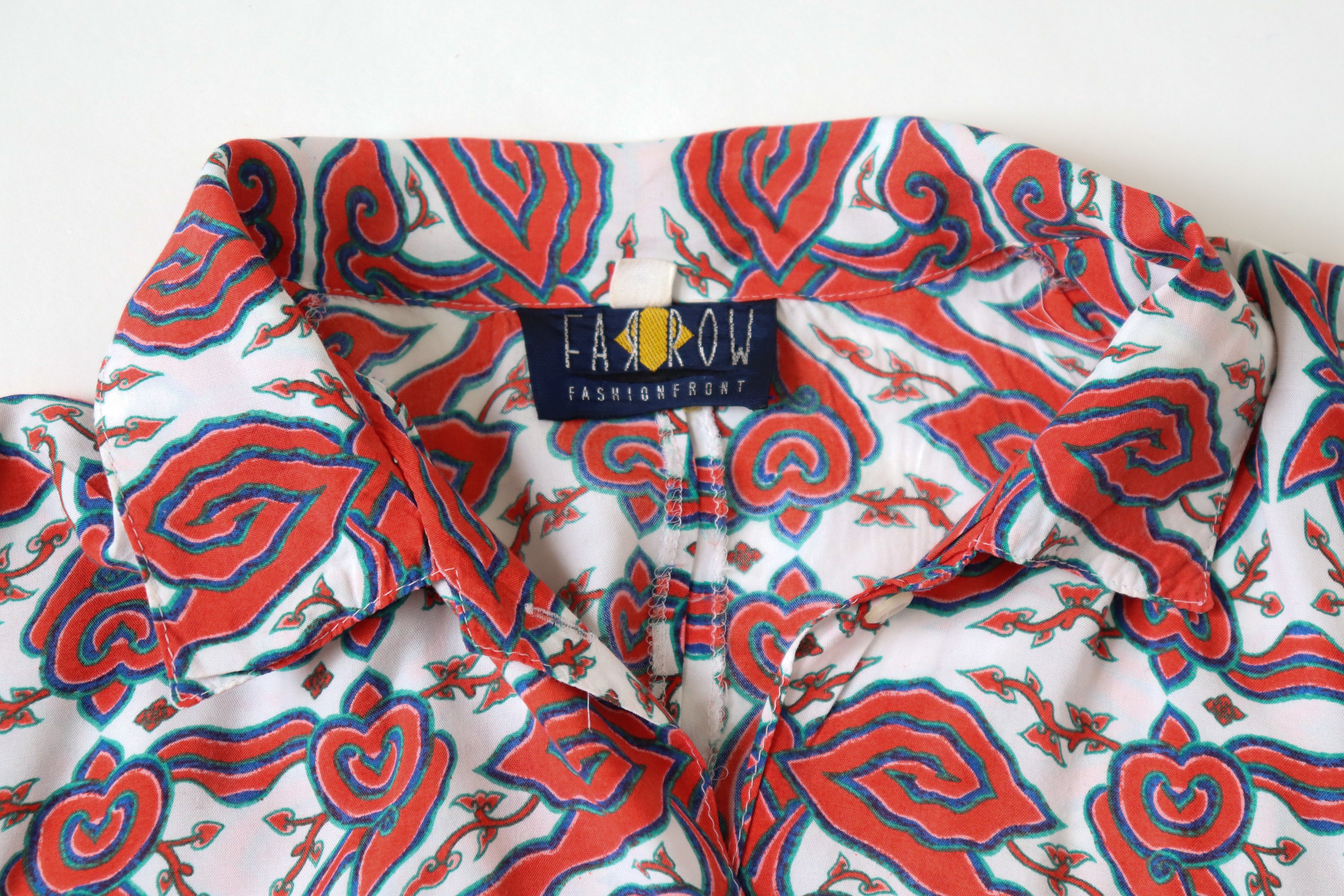 Farrow Vintage 1990s Cropped Shirt - Red Pattern - UK 12 / 14