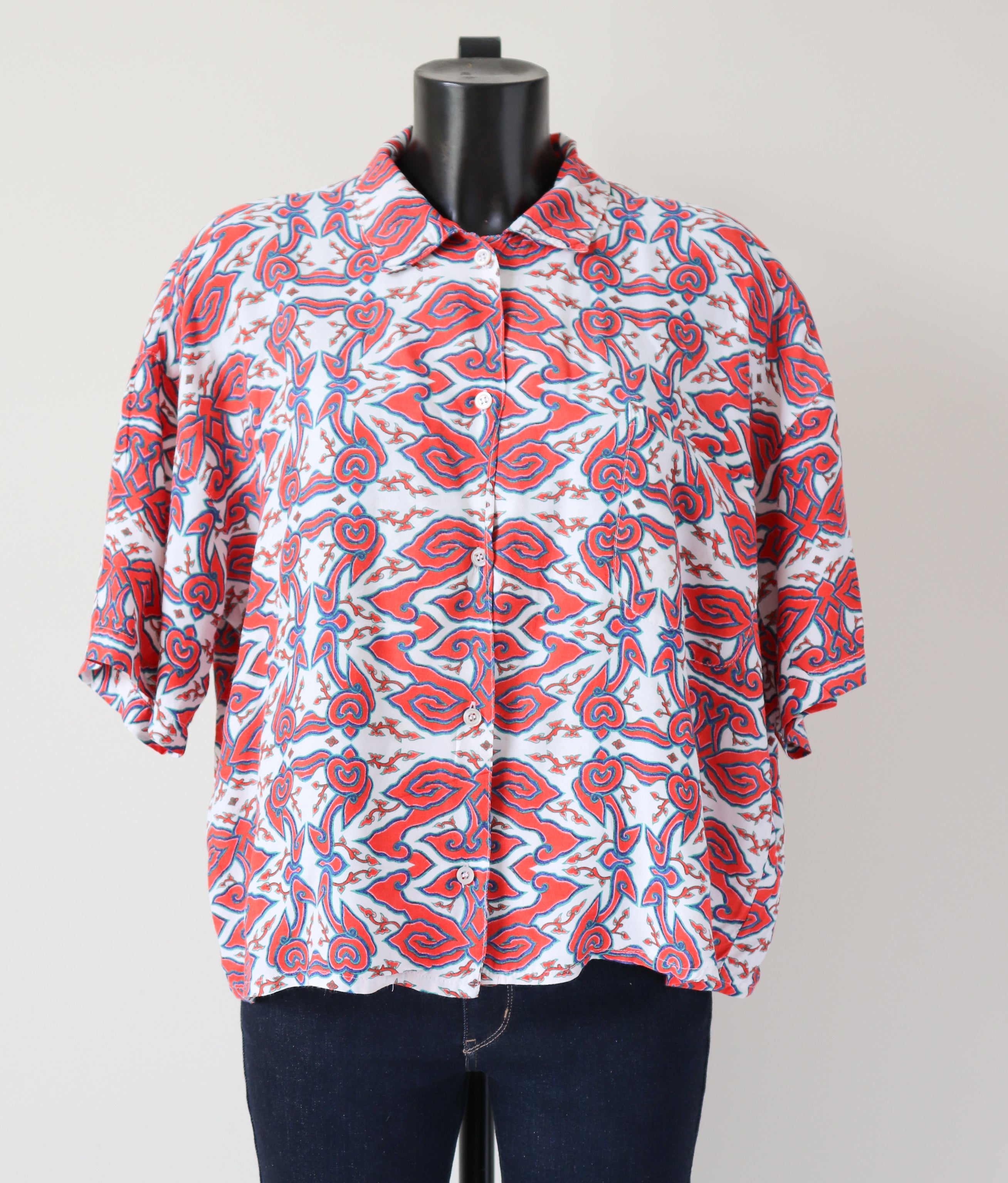 Farrow Vintage 1990s Cropped Shirt - Red Pattern - UK 12 / 14