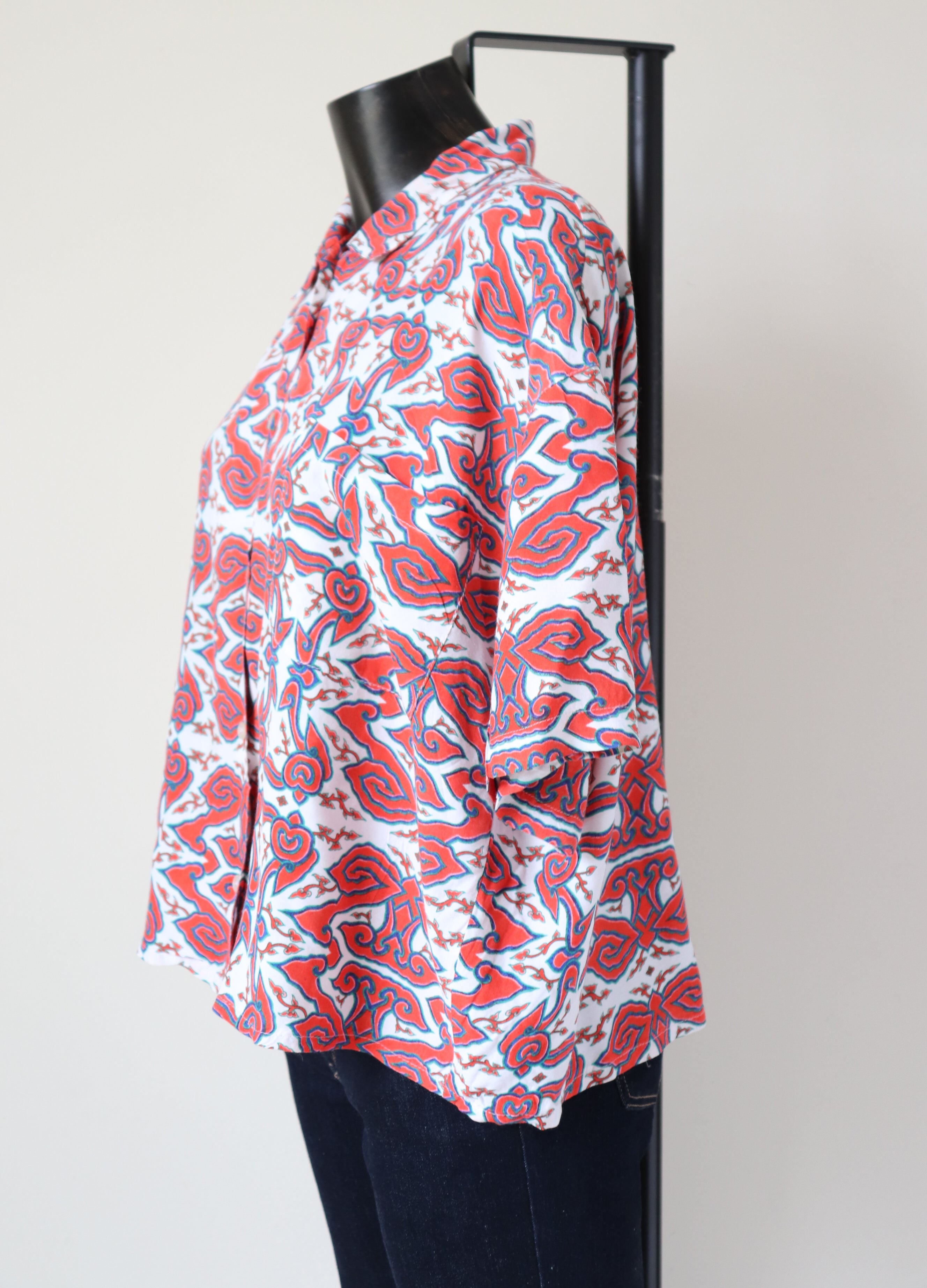 Farrow Vintage 1990s Cropped Shirt - Red Pattern - UK 12 / 14