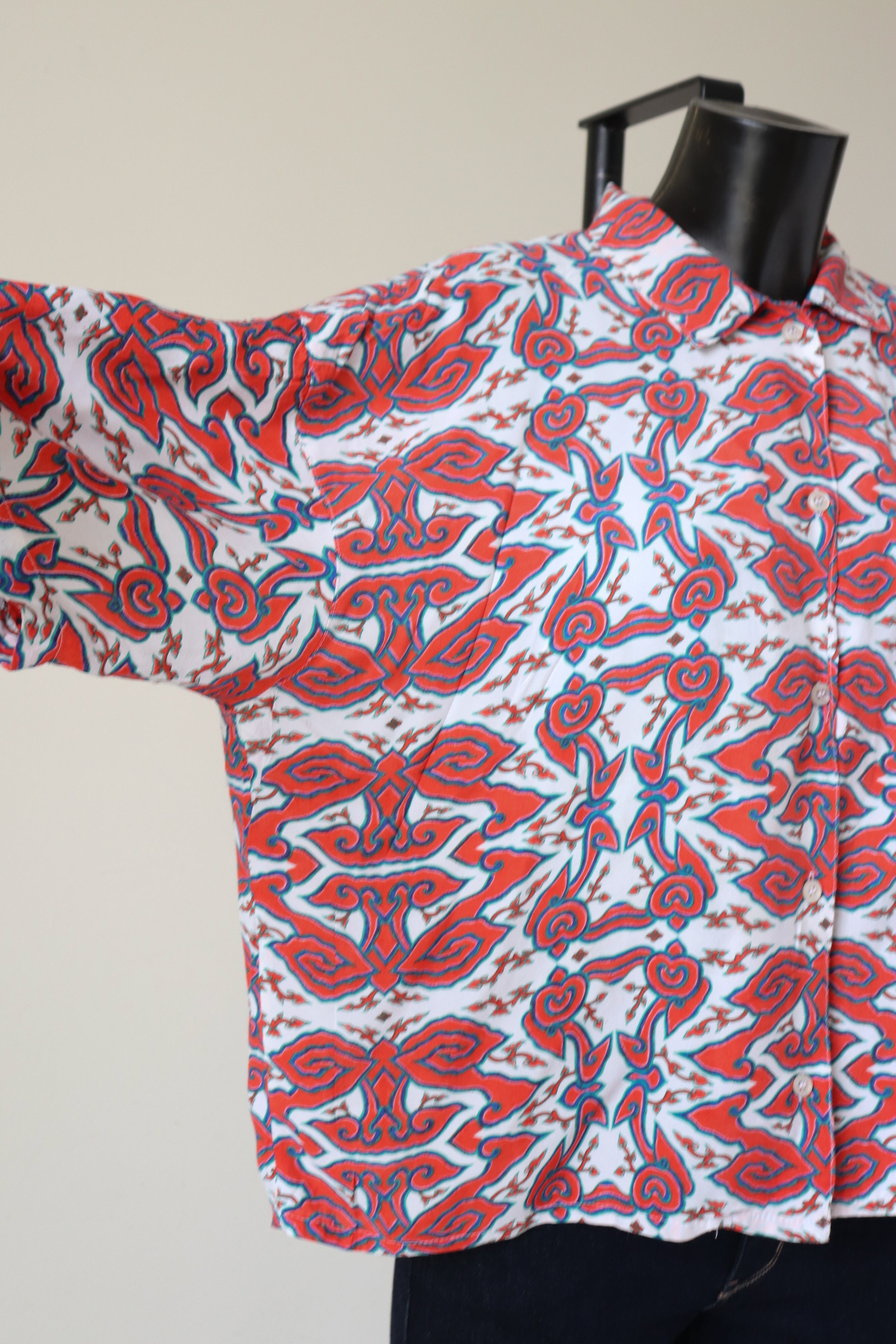 Farrow Vintage 1990s Cropped Shirt - Red Pattern - UK 12 / 14
