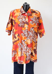 Leopard Print 1980s Long Tunic Shirt - Orange Oversized - M / L - UK 12 / 14