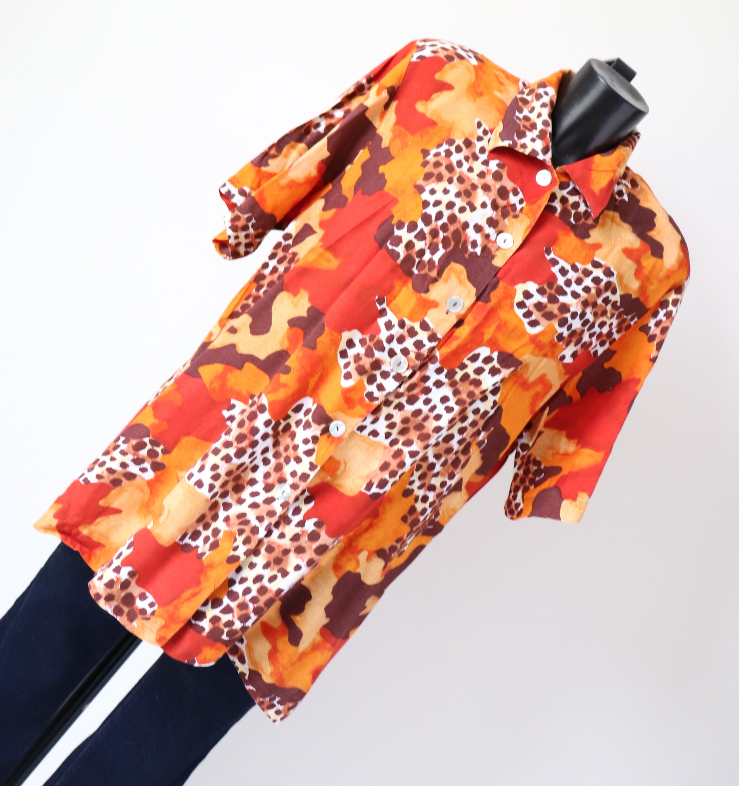 Leopard Print 1980s Long Tunic Shirt - Orange Oversized - M / L - UK 12 / 14