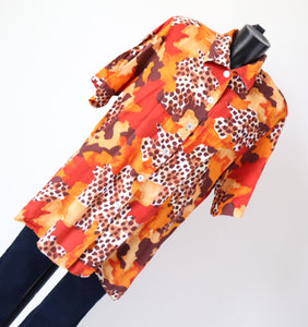 Leopard Print 1980s Long Tunic Shirt - Orange Oversized - M / L - UK 12 / 14