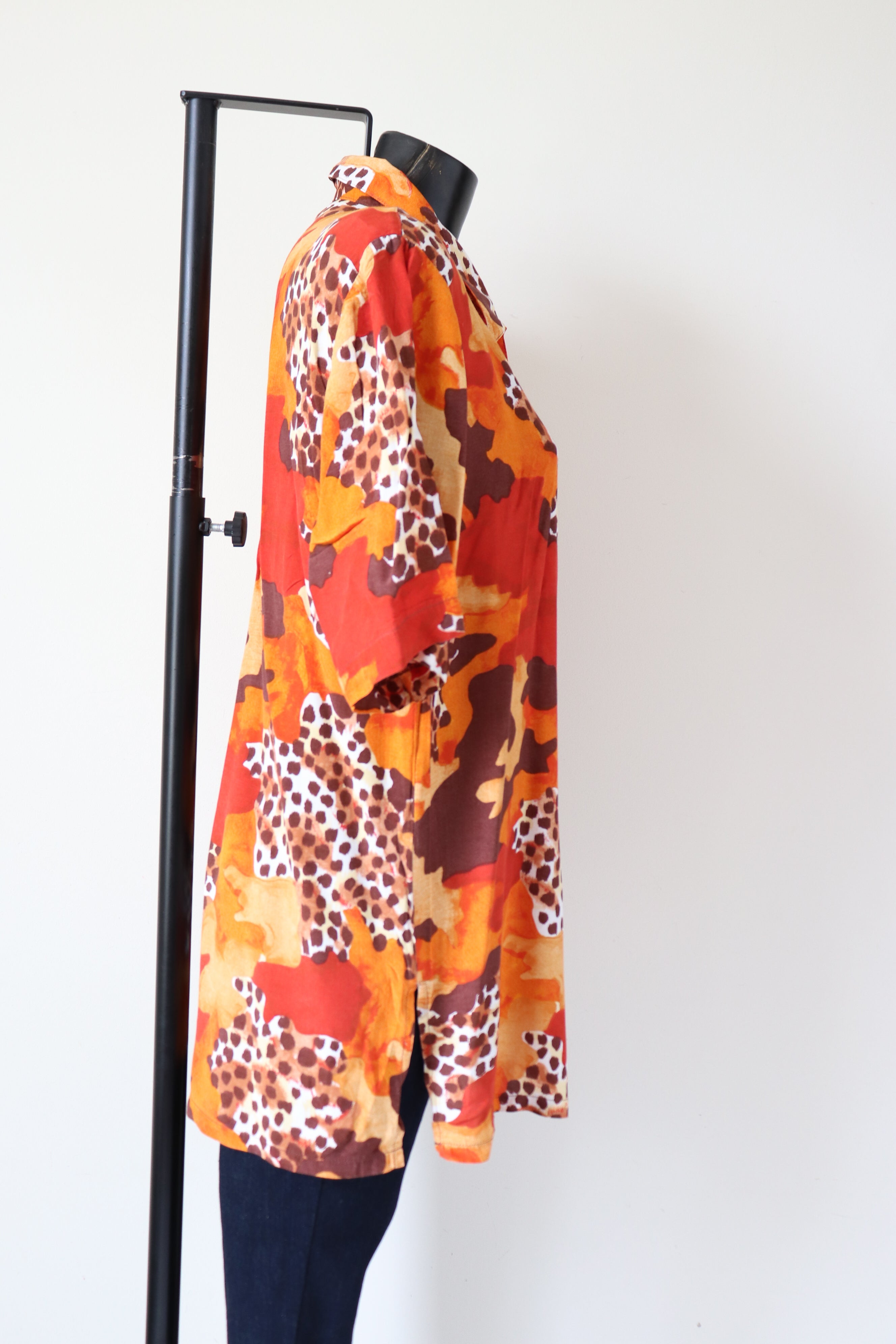 Leopard Print 1980s Long Tunic Shirt - Orange Oversized - M / L - UK 12 / 14