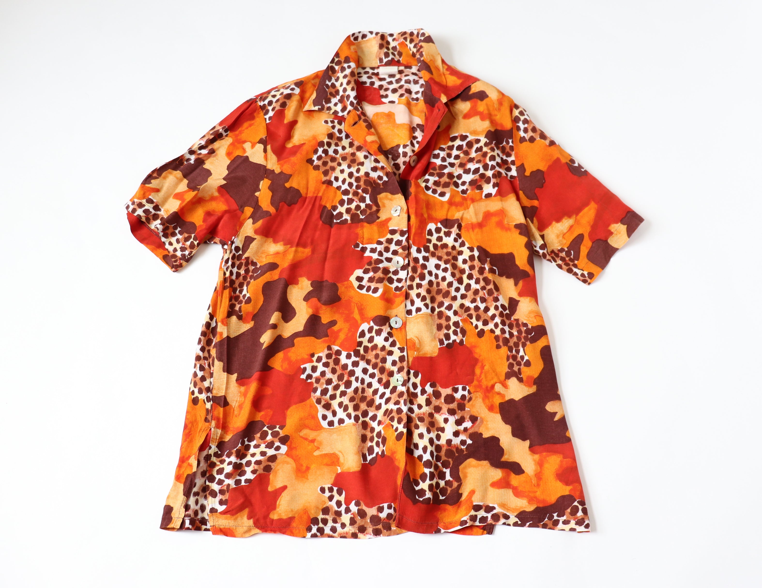 Leopard Print 1980s Long Tunic Shirt - Orange Oversized - M / L - UK 12 / 14
