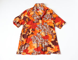 Leopard Print 1980s Long Tunic Shirt - Orange Oversized - M / L - UK 12 / 14