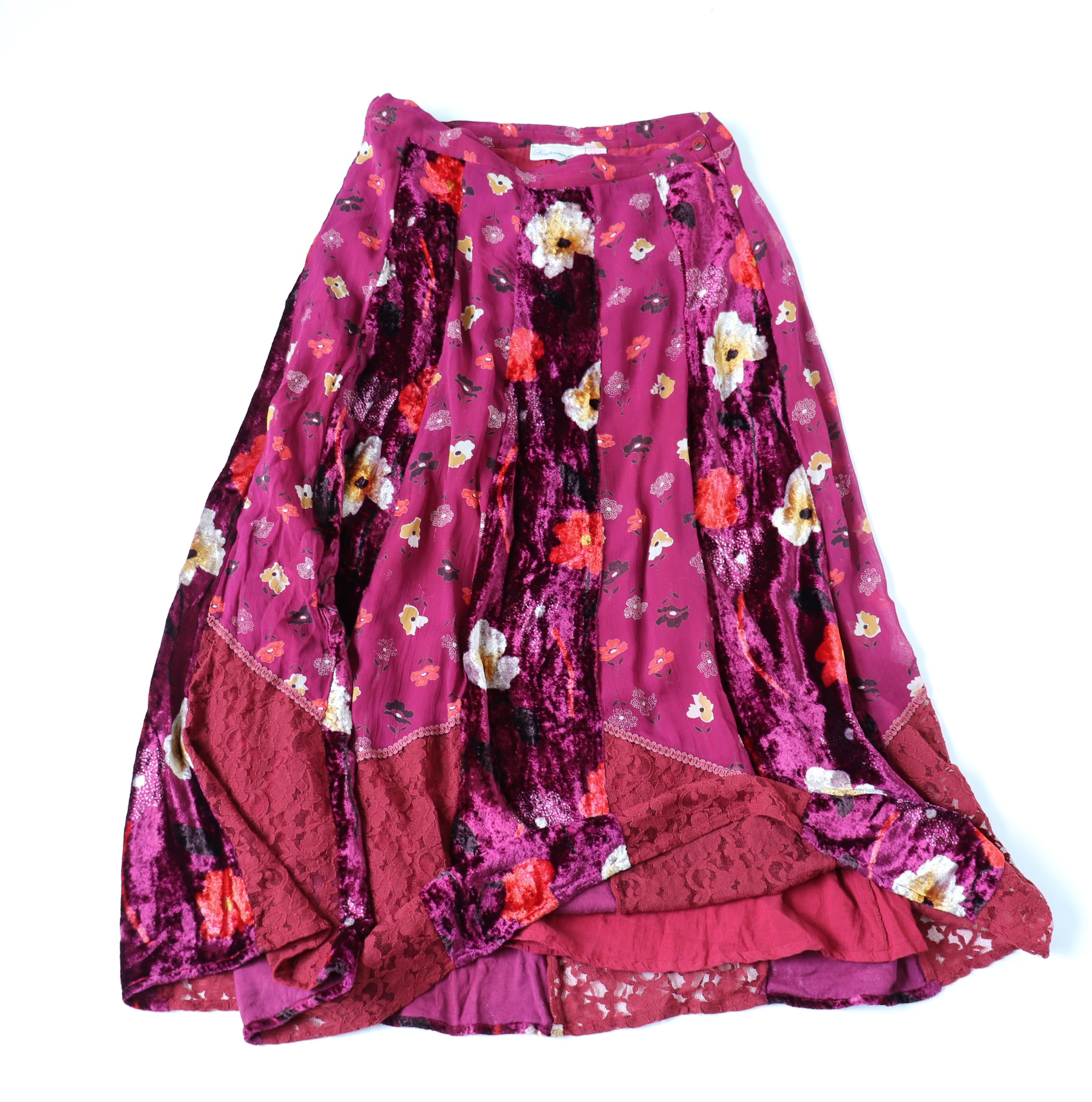Floral Midi Skirt 1970s ABBA style Burgundy Les Jeunes Filles Marshmallow Mountain
