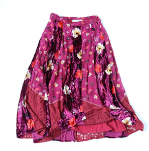 Floral Midi Skirt - 1970s ABBA style - Burgundy - Les Jeunes Filles - M / UK 12