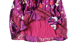 Floral Midi Skirt - 1970s ABBA style - Burgundy - Les Jeunes Filles - M / UK 12