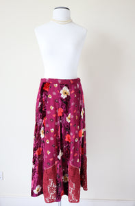 Floral Midi Skirt - 1970s ABBA style - Burgundy - Les Jeunes Filles - M / UK 12