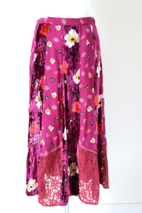 Floral Midi Skirt - 1970s ABBA style - Burgundy - Les Jeunes Filles - M / UK 12