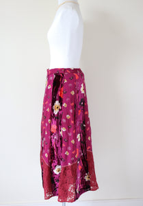 Floral Midi Skirt - 1970s ABBA style - Burgundy - Les Jeunes Filles - M / UK 12