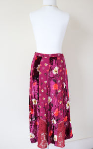 Floral Midi Skirt - 1970s ABBA style - Burgundy - Les Jeunes Filles - M / UK 12