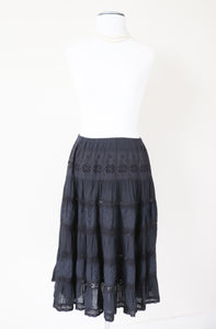 Black Prairie Peasant Skirt - Elasticated Waist - S / M - UK 10 / 12