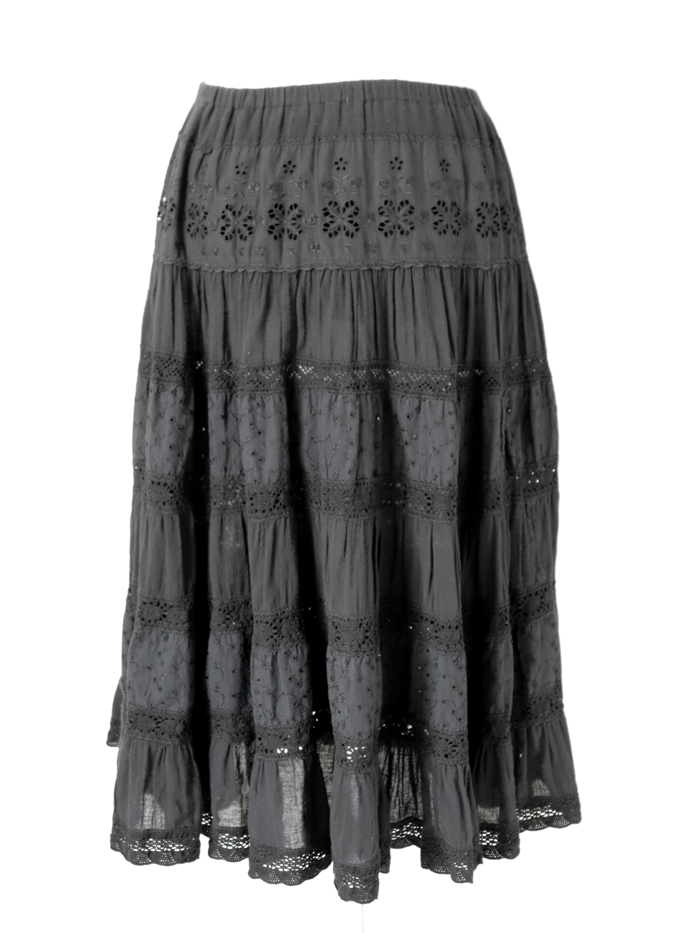 Black Prairie Peasant Skirt - Elasticated Waist - S / M - UK 10 / 12
