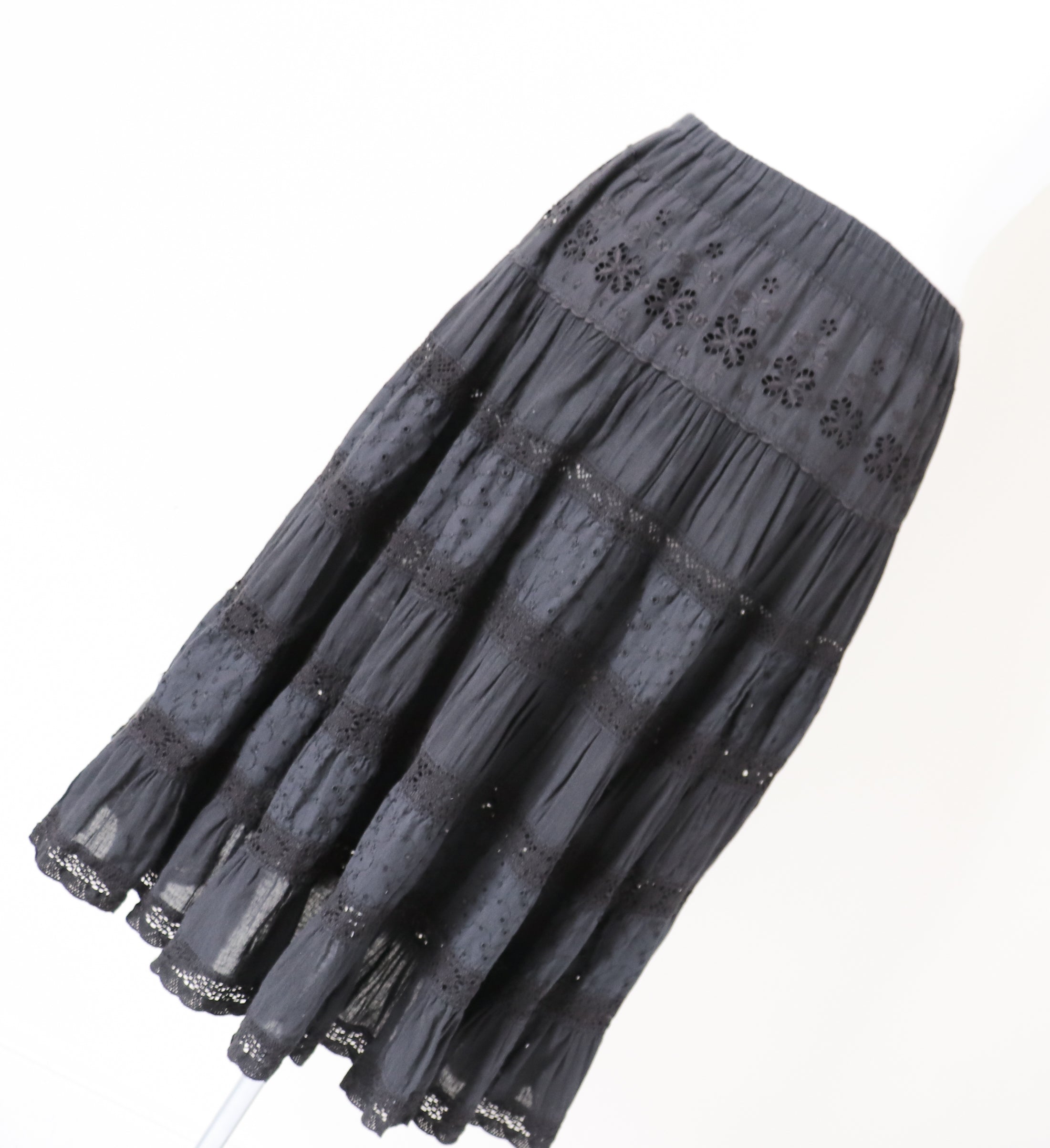 Black Prairie Peasant Skirt - Elasticated Waist - S / M - UK 10 / 12