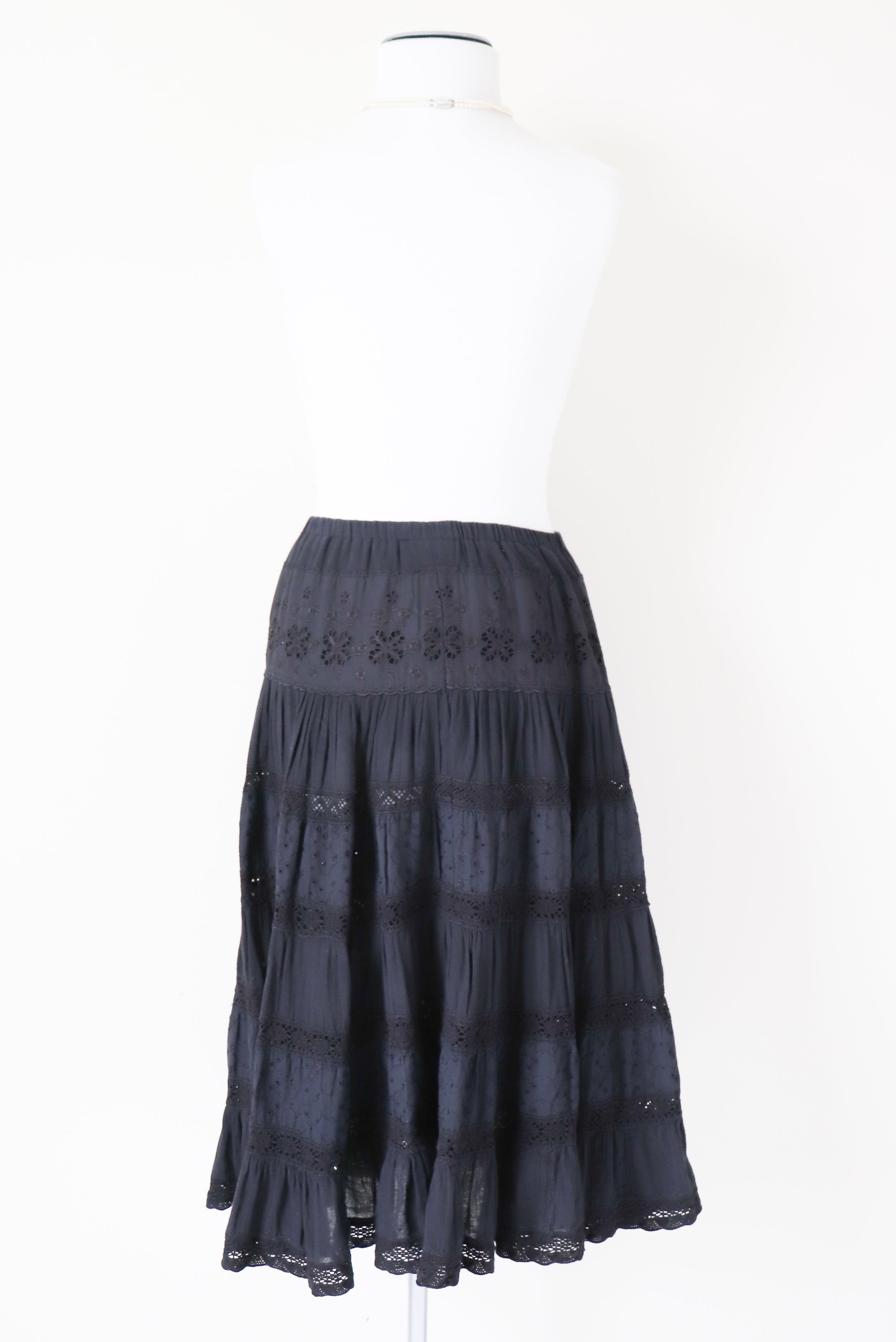Black Prairie Peasant Skirt - Elasticated Waist - S / M - UK 10 / 12