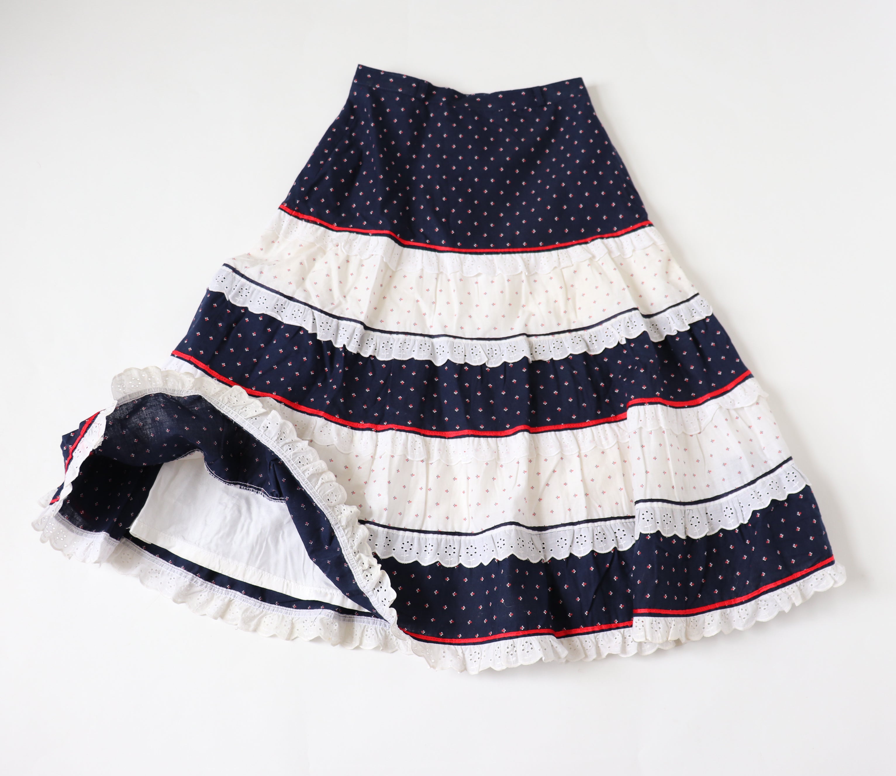 Prairie Skirt - Vintage 1970s - Blue /White / Red  Tiered - XS - UK 8