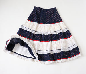 Prairie Skirt - Vintage 1970s - Blue /White / Red  Tiered - XS - UK 8