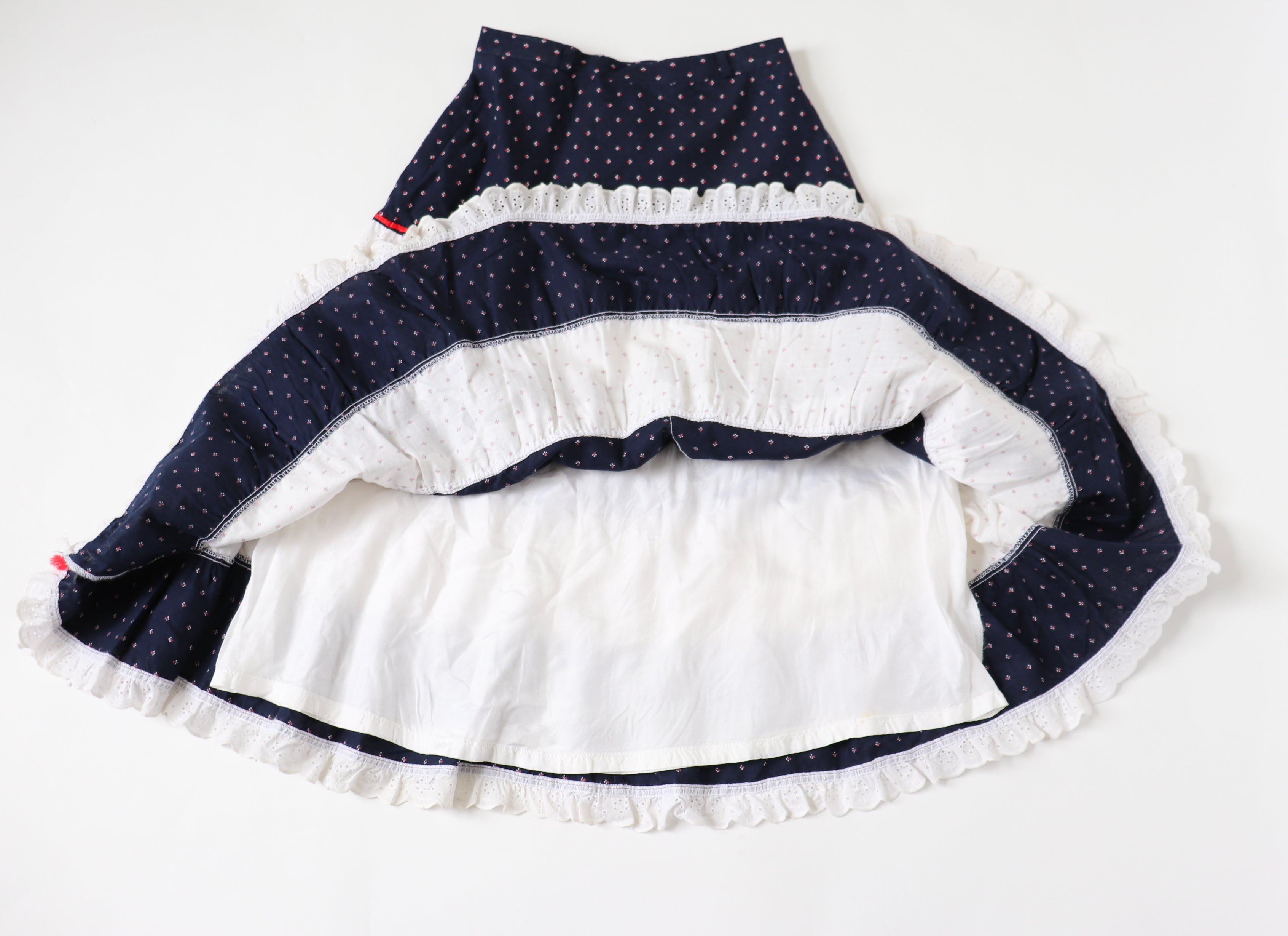 Prairie Skirt - Vintage 1970s - Blue /White / Red  Tiered - XS - UK 8
