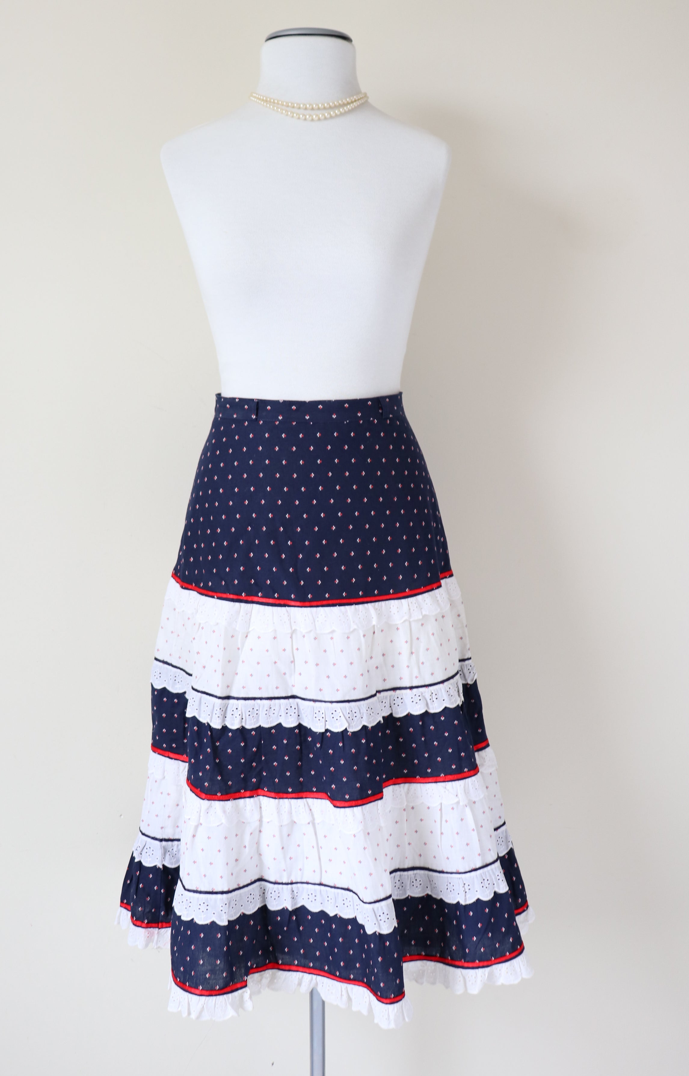 Prairie Skirt - Vintage 1970s - Blue /White / Red  Tiered - XS - UK 8