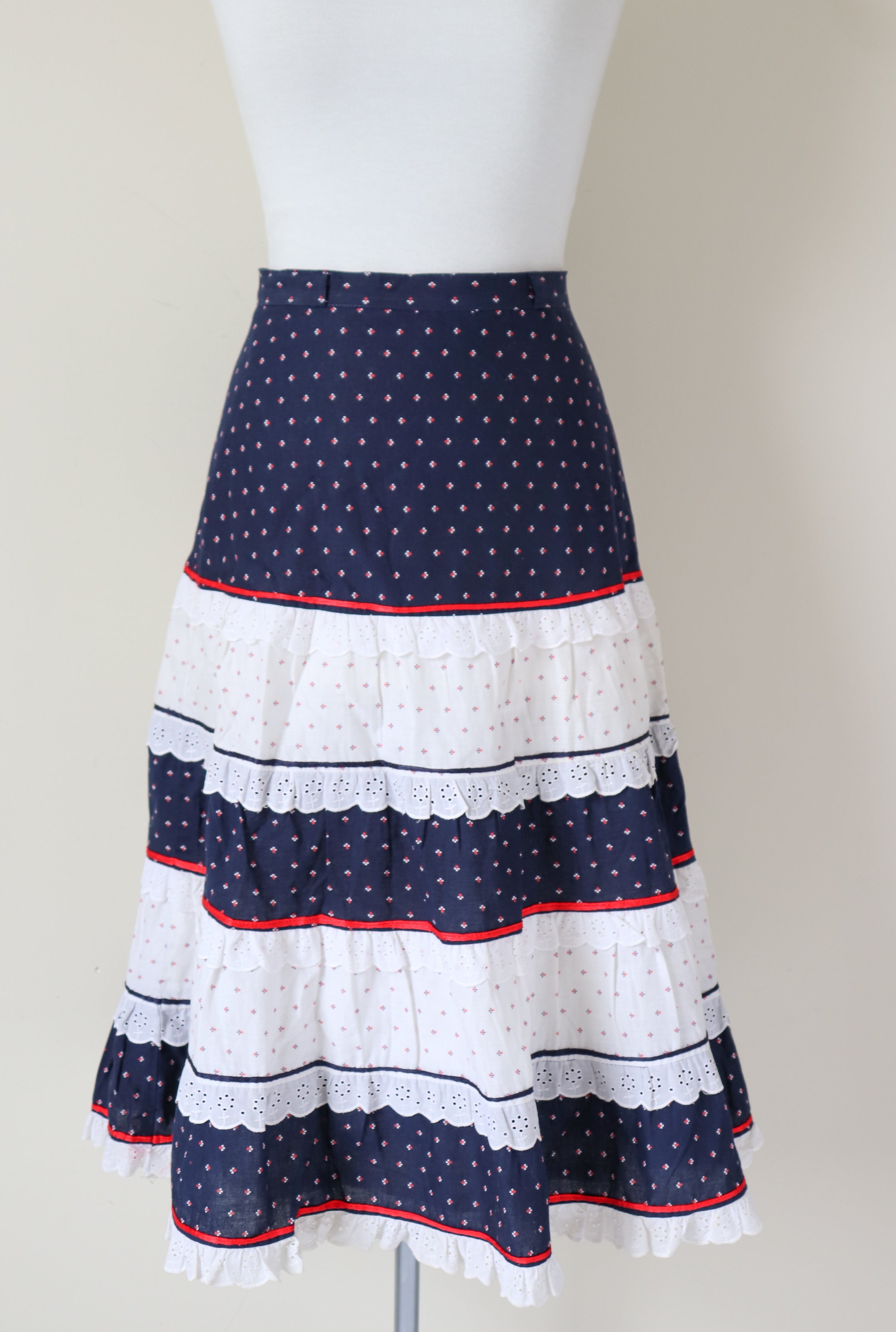 Prairie Skirt - Vintage 1970s - Blue /White / Red  Tiered - XS - UK 8